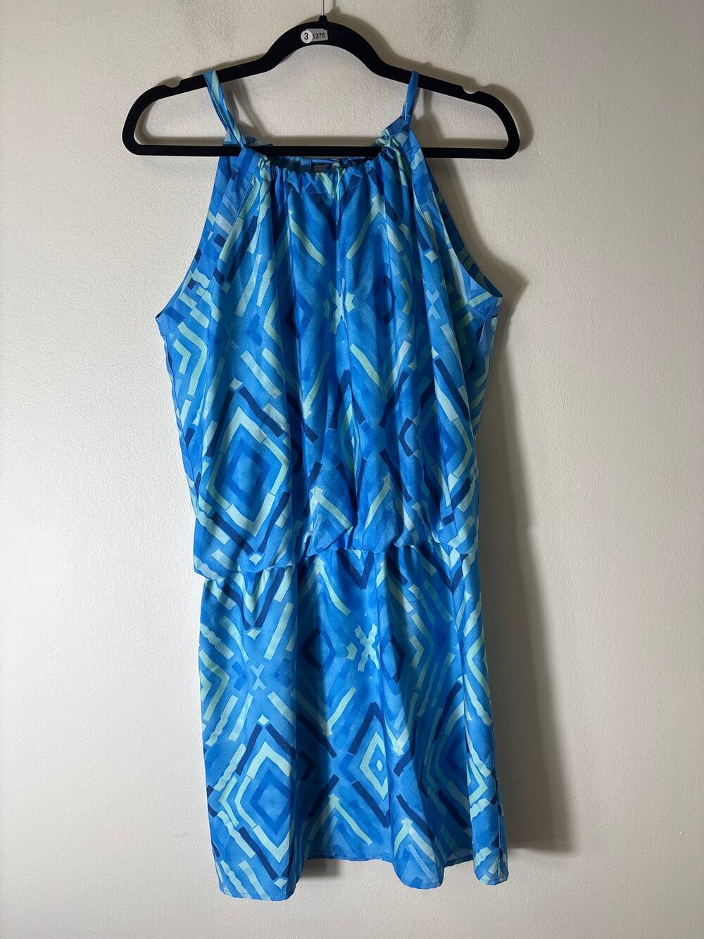Cuddy Blue Geo Print Sleeveless Blouson Knee Length Dress Sz M
